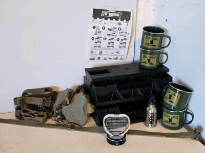 Field & Stream Camping Mugs, ShelfLinks 16" Storage Bin, Military Surplus Belts & Bags Lot