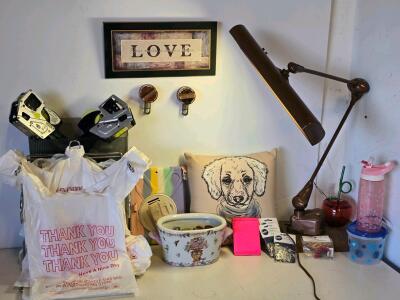 Vintage Articulating Wall-Mounted Desk Lamp, Metal Brown, Dual Arm, c. 1970s&ndash;80s, 35" Reach, Throw Pillow, Grocery Bag Holder, Two Price Guns, Wall Decor, Wallet, ceramic Dutch Oven