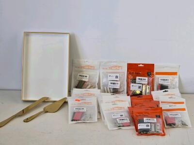 White Tray, 4 Gold Cake Knife & Server Sets with 12+ Packs of Assorted Auto Parts (T3-AC8xxx)