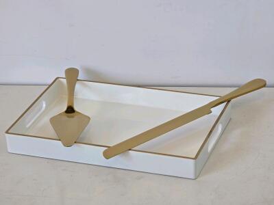 8 Gold Cake Serving Sets with Knife & Server, 2 White Trays Supreme