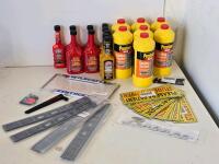 Automotive Lot: STP & Prestone Additives, Car Emblems, Decals, Door Sill Plates, Signs, Accessories