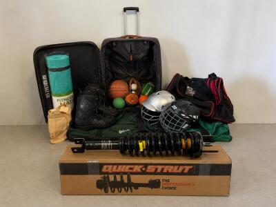 Mixed Sports Lot: Helmets, Snowboard Boots, Fitness Mat, Gander Mountain Bag & Suitcase, Quick Strut Suspension