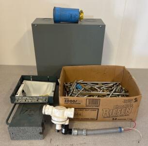 Industrial Lot: Hubbellock 60A 600V Plug, Steel Junction Box, Light Housing, Rods, Valve