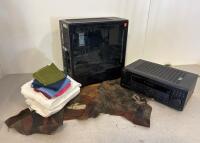 CyberPower PC Case with fans, Sony Digital Audio/Video Control Center, Cleaning Towels & Hide (shelf e)