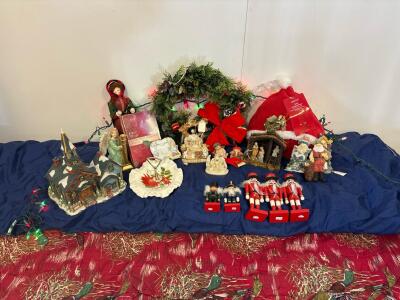 Large Christmas Decor Lot - Nutcrackers, Nativity Sets, Ceramic Church, Wreath, 17+ Pieces