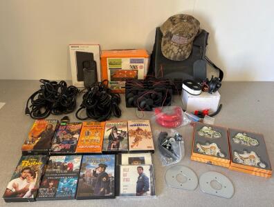 Mixed Lot: Cables, PC Cooling Fans, VHS/DVD/CD Media, Amazon Fire HD Case, Futon Cover, Ornaments
