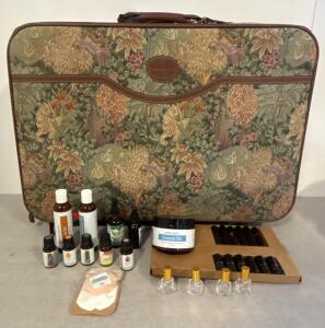 Rolling Floral Suitcase & Essential Oils with towels