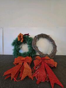 Huge Holiday Wreaths with LED Lights, Indoor/Outdoor, Plug-in, Grapevine & Pine (Tested) & 8 Huge Red Bows