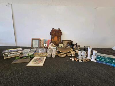 Mixed Lot of Home Decor, Collectibles, & Books &ndash; Angel Figurines, Framed Art, Candlestick Holders (Shelf F)