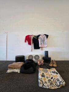 Mixed Lot: Radio (Tested), Window Fan (Tested), Speakers (Unable to test), Women's Clothing, and More (Shelf G)