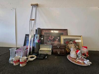 Mixed Lot: Yoga Mat, Christmas Decor, Home Decor, Vases, Tacklebox, Cup Warmers (Tested, unsure if they work), and More