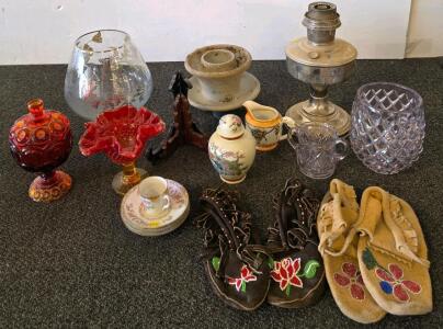 Vintage Glassware, Beaded Moccasins, Metal Oil Lamp, Porcelain Miniatures Mixed Lot