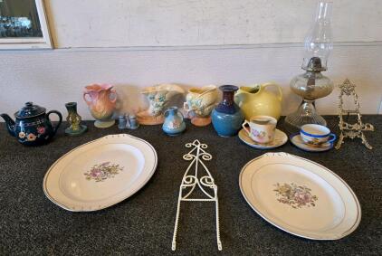 Hull Art, Assorted Vintage Floral Ceramic Vases, Platters, Teapot, Oil Lamp, and Metal Plate Stands Lot