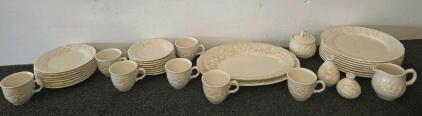 Ivory Embossed Floral Ceramic Dinnerware Set &ndash; Pieces, Includes Mugs, Plates, Bowls, Serving Pieces (Shelf G)