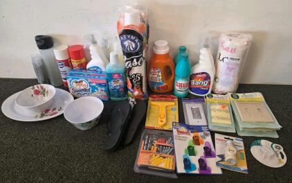 Household Lot: Cleaning Supplies, Disposable Cups, Bowls, Flip-Flops, Hardware, Paper Towels