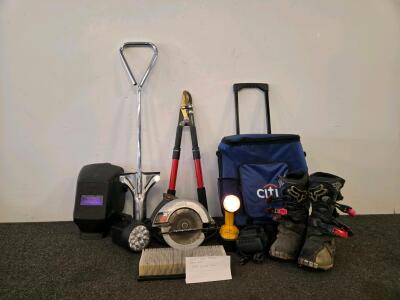 Mixed Lot: Skill Saw (Tested), 2 work lights (Tested), Citi Rolling Soft-Sided Cooler Bag, 40 Qt, Blue, Telescopic Handle, 2 Wheels, Tree Lopper, Welding Helmet, & More