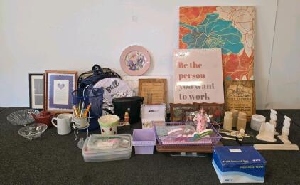 Large Mixed Lot: K12 Math Base-10 Set, Roname Arm Rest, Office Decor, Backpack, Organizers, Picture Frames Large Floral Art, Ceramics, Glassware, Collectibles,