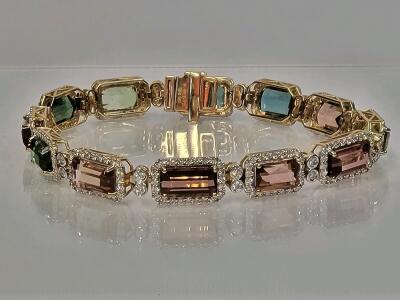 14K Gold Two-Tone Multi-Color Tourmaline & Diamond Bracelet 19.88ctw, 3.15ctw, GGA Report