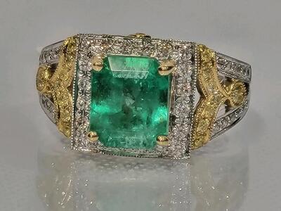 Colombian Emerald (2.96ct) & Diamond (0.72ct) 18K White and Yellow Gold Ring, AIGL Appraised