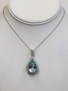 Platinum Aquamarine Pendant Necklace, 10.67 ct Pear-Cut, 1.40 ct Diamonds, 18" Chain