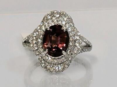 Platinum Oscar Friedman Ring, 2.55ct Brownish Pink Sapphire, 1.10ctw Diamond Halo, GIA Cert