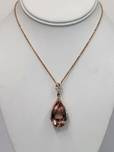 14K Rose Gold Pendant Necklace w/ 19.53ct Pear Morganite, 0.72ct Diamonds, Appraisal #GGA061697