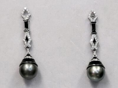 14K White Gold Tahitian Pearl & Diamond Earrings, South Sea 11.2&ndash;11.4mm, 0.84ctw, Appraised