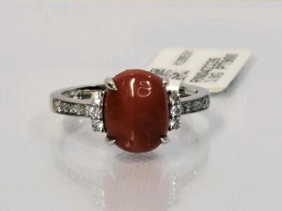 Platinum Ring with 3.25ct Natural Reddish Orange Coral & 0.18ct Diamond Accents, GIA Certified