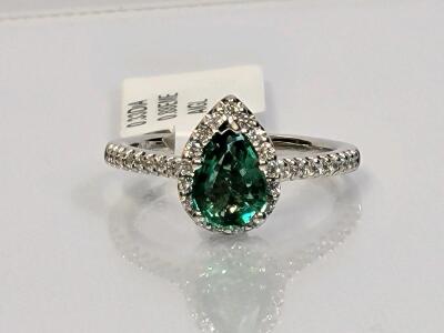 Gabriel & Co. 14K White Gold Pear Emerald (0.88ct) & Diamond (0.33ct) Halo Ring w/ AIGL Appraisal
