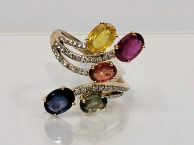 14K Yellow Gold Multi-Color Sapphire & Diamond Ring, 3.77ct Sapphires, 0.28ct Diamonds