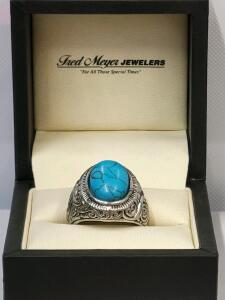 Men's Sterling Silver Ring with Oval Turquoise Stone and Ornate Scrollwork