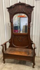 Antique Oak Hall Tree Bench, Mirror, 4 Hooks, Edwardian/Art Nouveau Style, Storage Seat, c.1900-1920
