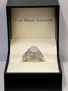 Fred Meyer Jewelers Sterling Silver Ring with Oval Rose Quartz Cabochon and Filigree Design