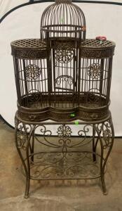 Victorian-Style Ornate Metal Bird Cage with Matching Decorative Stand, Bronze Finish, 50" Tall ( T2 )