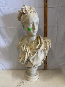 Large Glazed Ceramic Bust Sculpture of Woman with Flowers, 23-Inch, Neoclassical Style Pedestal Base