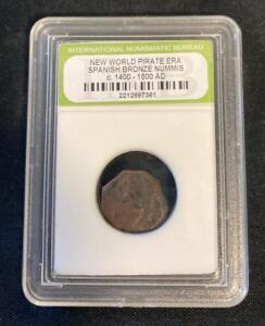Spanish Bronze Nummis Coin, c.1400&ndash;1600, Certified by INB, Pirate Era, Serial 2212697361 ( Unable to Verify)