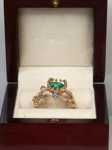 Nature-Inspired Gold Ring with Cushion Green Gemstone & Blue Accent Stones, Ornate Leaf Design