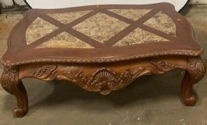 Ornate Carved Wood Coffee Table with Marble Inlay Top, Rectangular, 55&rdquo;x 33&rdquo; ( T2 )