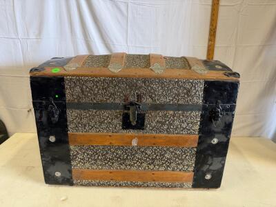 Antique Dome Top Steamer Trunk, Embossed Tin, Wood Slats, Blue Lined Interior, c. 1880-1920, 34"x20"x24"