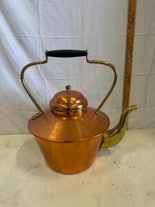 Large Copper & Brass Teapot Kettle with Black Handle, Ornate Gooseneck Spout, 12" Tall