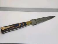 Custom Damascus-Style Fixed Blade Knife with Laminated Wood Handle and Leather Sheath - 3