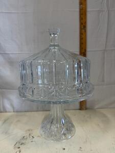 Large Pressed Glass Cake Stand with Dome Lid, 14.5" Tall, 11" Diameter, Pedestal Base