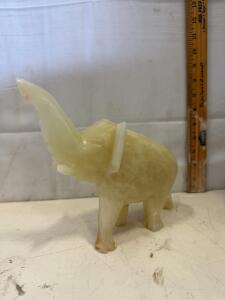 Hand-Carved Onyx Elephant Figurine, 6" Tall, Cream Marbled Stone, Trunk Up, Chip on Trunk