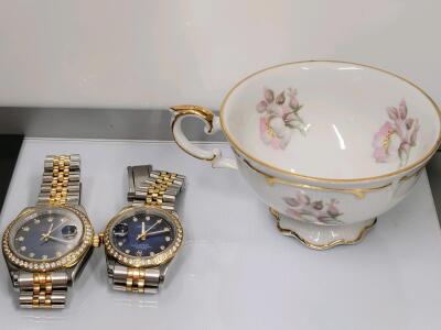His & Hers Rolex Datejust 36mm Blue Diamond Dial Two-Tone Jubilee 18k Gold/S.Steel Bezel Ref 16233 Auto (Can't Verify Authenticity) & German "Wild Rose" Teacup
