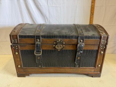 Domed Steamer Trunk, Faux Crocodile Vinyl, Wood, 28"x16"x17", Metal Rivets, Handles, Vintage Style