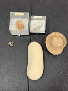 Labeled Stilbite & Calcite Mineral Specimens with Metallic Pendant, Smooth Stone, and Concretion