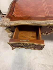 French Louis XV Style Bureau Plat Desk, Ormolu Mounts, Tooled Leather Top, Figural Busts