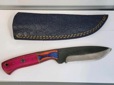Custom Fixed-Blade Knife with Multicolor Dyed Wood Handle and Black Sheath