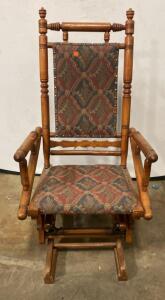 Antique Wooden Platform Rocker, late 19th-early 20th c., floral upholstery ( T2 )