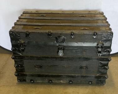 Antique Flat-Top Steamer Trunk 32" x 18" x 22" Black Metal Hardware Victorian Era c.1880-1920